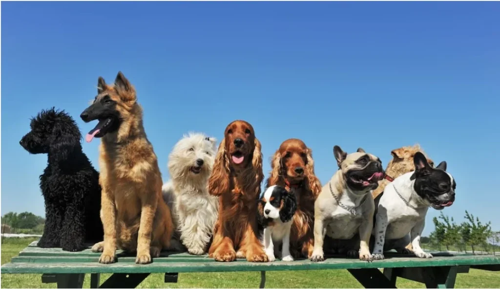 A diverse group of well-trained dogs of various breeds, including a black poodle mix, a Belgian Malinois, a Maltese, two Cocker Spaniels, a Cavalier King Charles Spaniel, a French Bulldog, and another French Bulldog, sitting patiently side-by-side on a green bench under a clear blue sky, demonstrating excellent obedience for Off Leash K9 Training Boca Raton, FL.