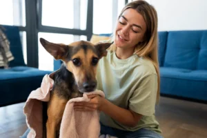A smiling woman gently drying a German Shepherd mix dog with a towel after a bath, symbolizing care and bonding, relevant for dog training and care services like Off Leash K9 Training Boca Raton, FL.