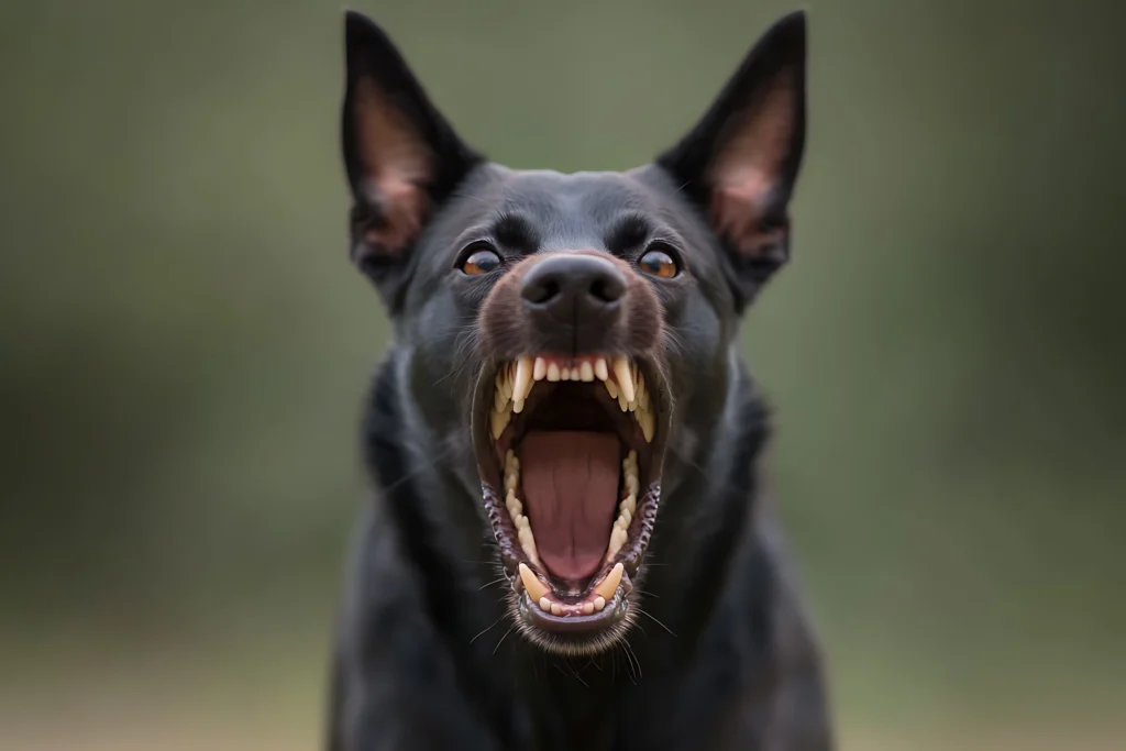 How to stop dogs from fighting | A close-up of a black dog with its mouth open, baring its teeth, to represent the intensity of dog training.