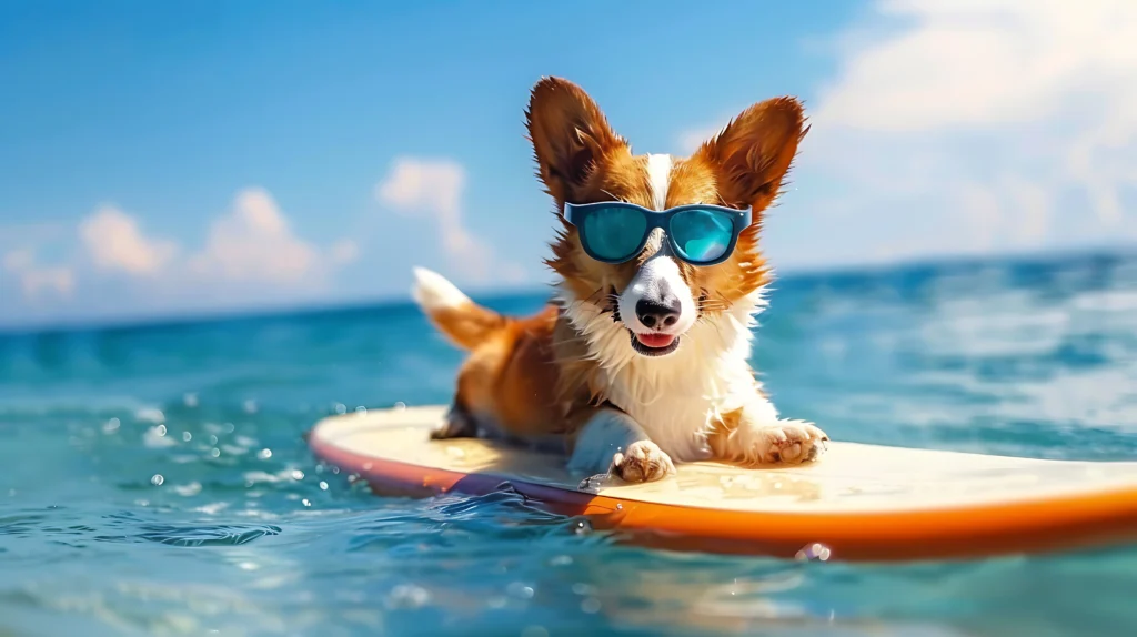 A happy Corgi wearing sunglasses surfs on a surfboard in the ocean, showcasing excellent balance and a calm demeanor, ideal for Off Leash K9 Training Boca Raton, FL.