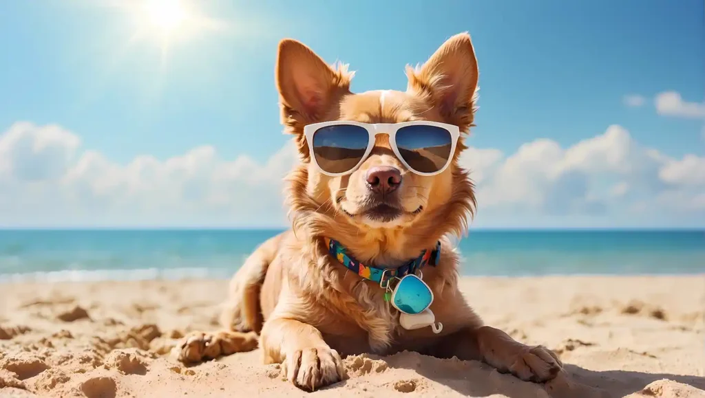 A happy dog wearing sunglasses lies on a sandy beach with the ocean in the background, representing the relaxed and well-behaved dogs trained by Off Leash K9 Training Boca Raton, FL.